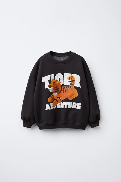 TIGER AND FLOCKED TEXT PRINT SWEATSHIRT