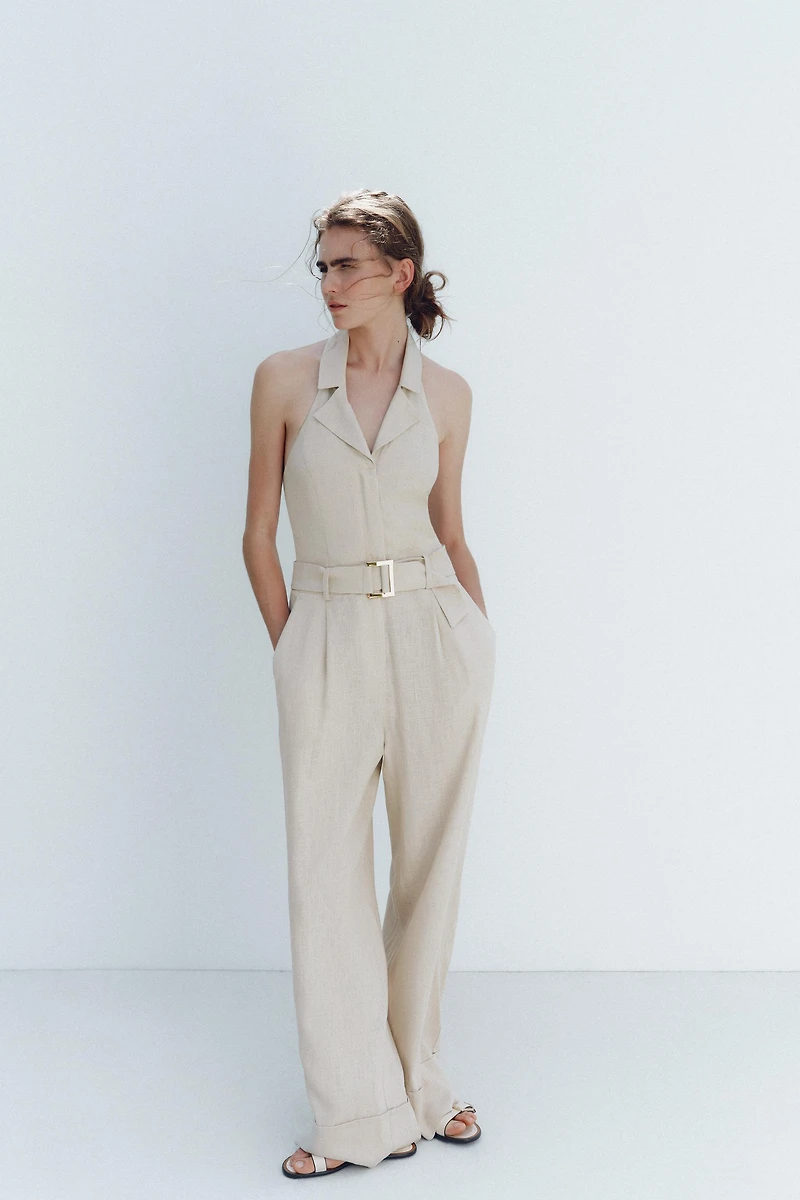 HALTER LINEN BELTED JUMPSUIT