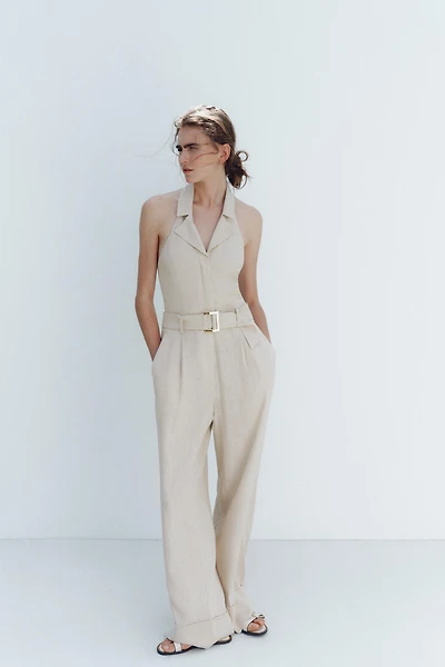 HALTER NECK LONG LINEN JUMPSUIT