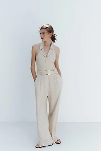 HALTER LINEN BELTED JUMPSUIT
