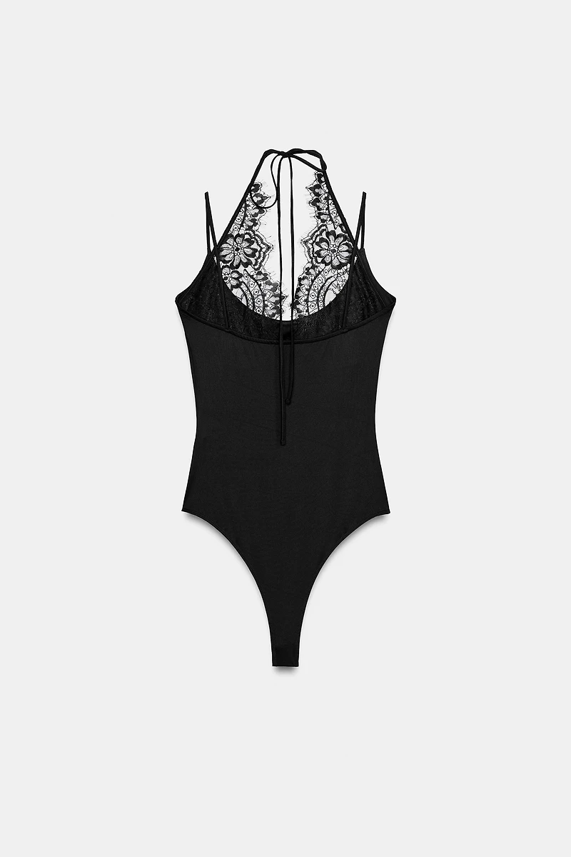 COMBINATION LACE HALTER BODYSUIT
