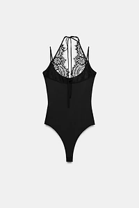 COMBINATION LACE HALTER BODYSUIT
