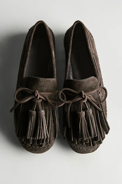 Split suede loafers with fringing and tassels