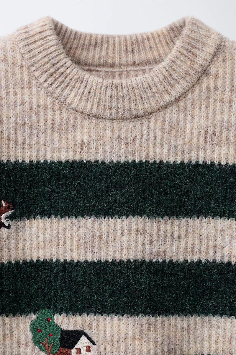 STRIPED KNIT SWEATER WITH FOREST EMBROIDERY