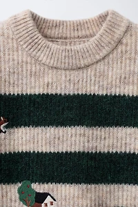 STRIPED KNIT SWEATER WITH FOREST EMBROIDERY