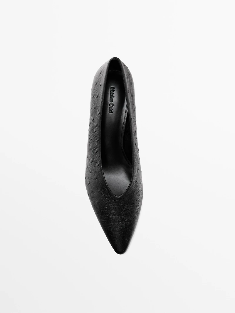 Ostrich print leather court shoes