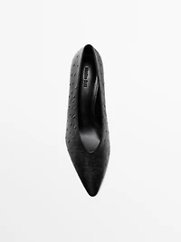 Ostrich print leather court shoes