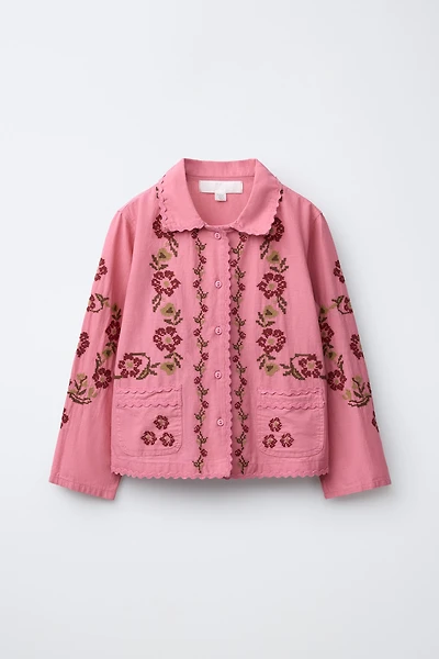 COTTON LINEN BLEND CROSS STITCH EMBROIDERED OVERSHIRT