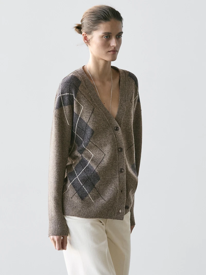 Wool argyle knit cardigan