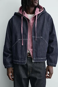 HOODED DENIM JACKET WITH TOPSTITCHING