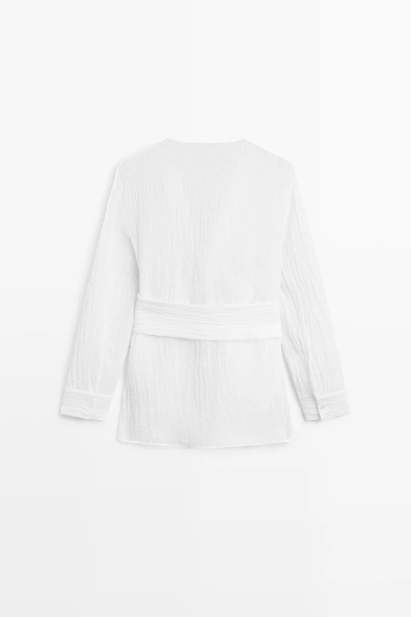 Linen blend blouse with sash belt