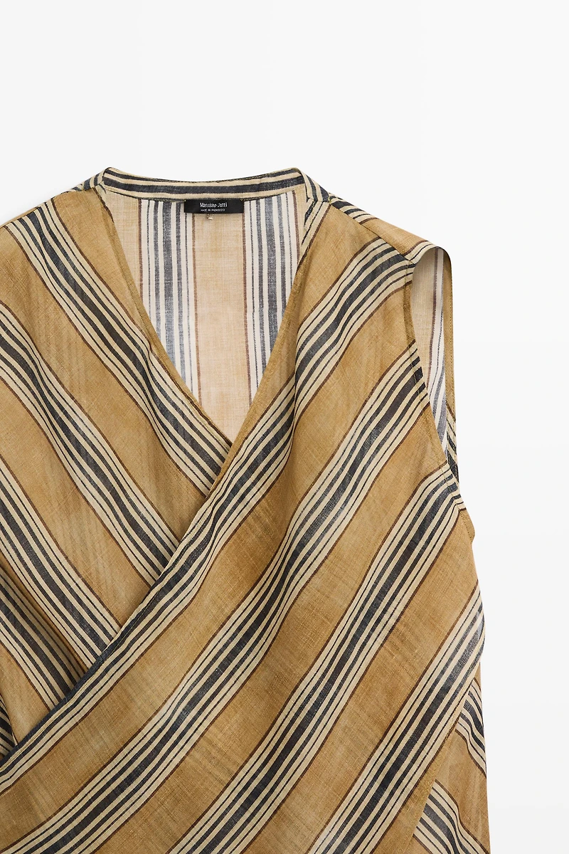 Flowing striped ramie blend wrap top