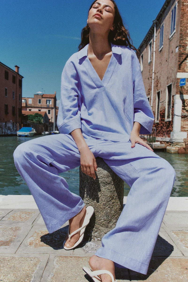 LINEN BLOUSE WITH CONTRAST PIPING