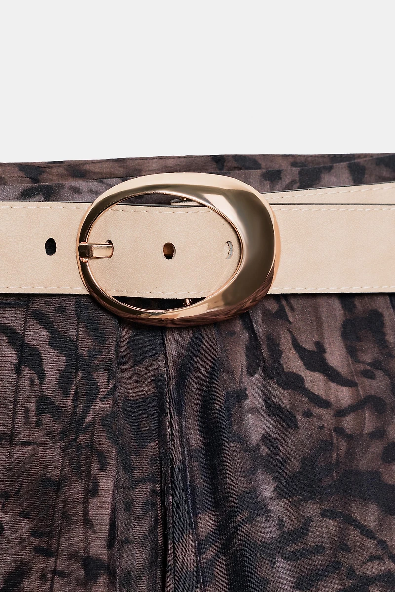 PRINTED BELTED MIDI SKIRT