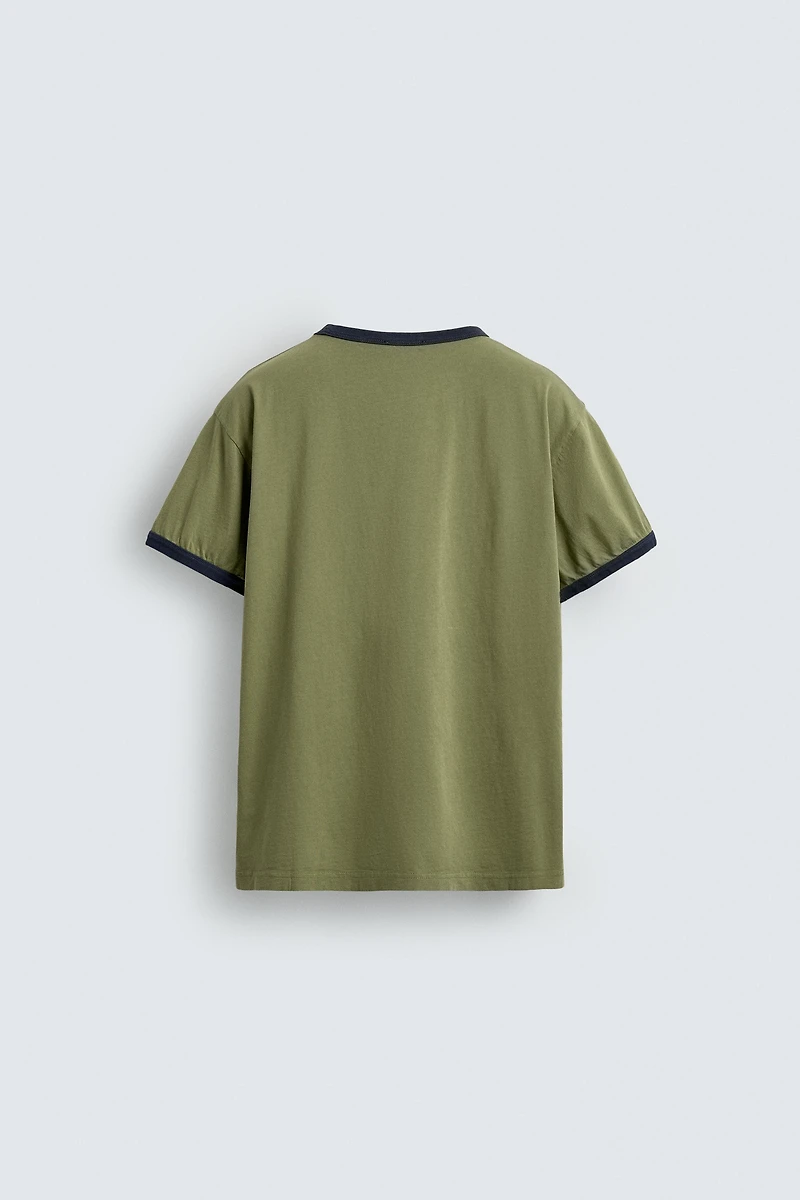 WASHED PRINT CONTRAST RIB T-SHIRT