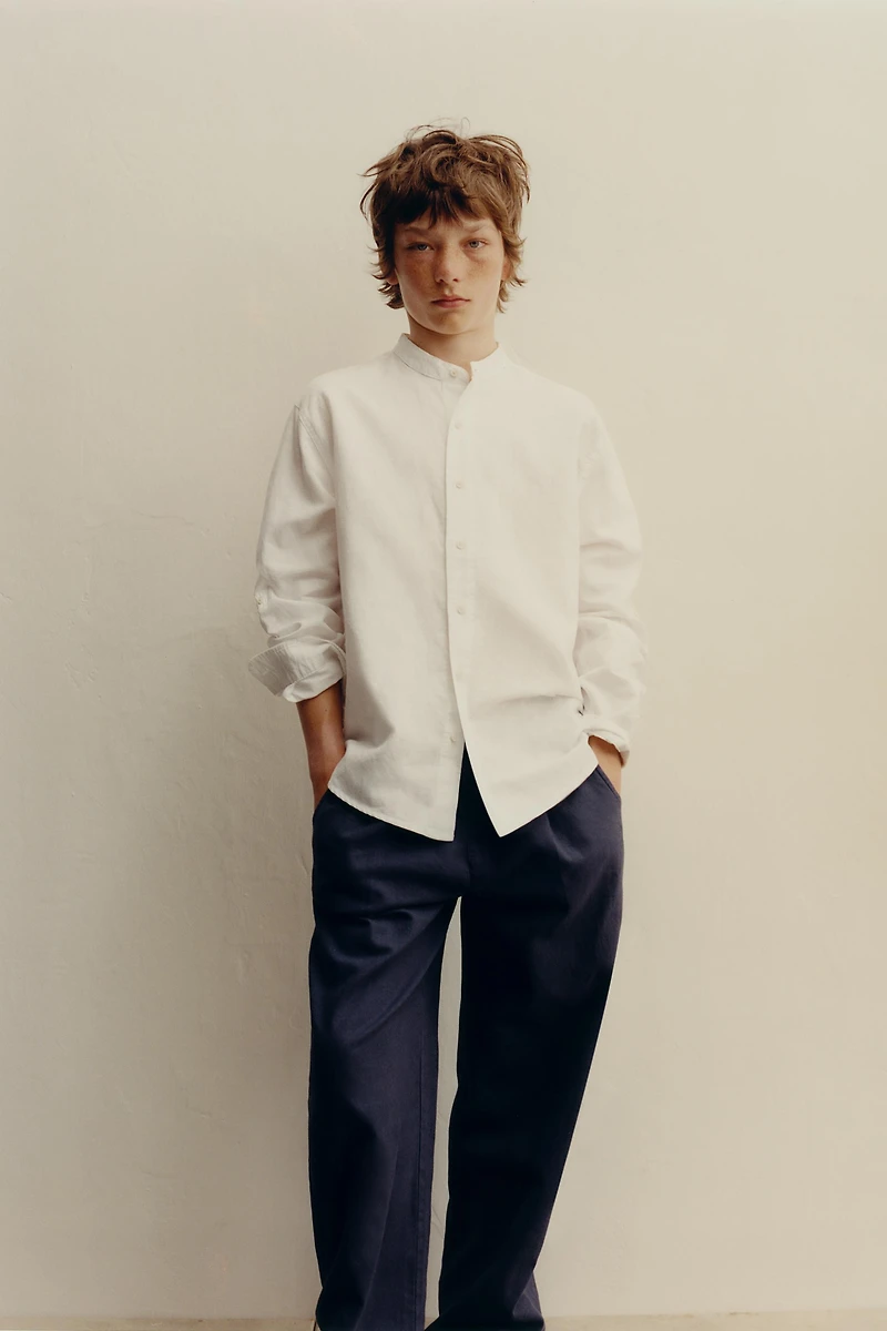 LINEN AND COTTON MANDARIN COLLAR SHIRT