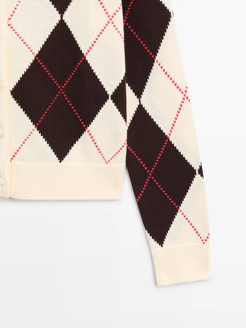 Cotton argyle knit cardigan