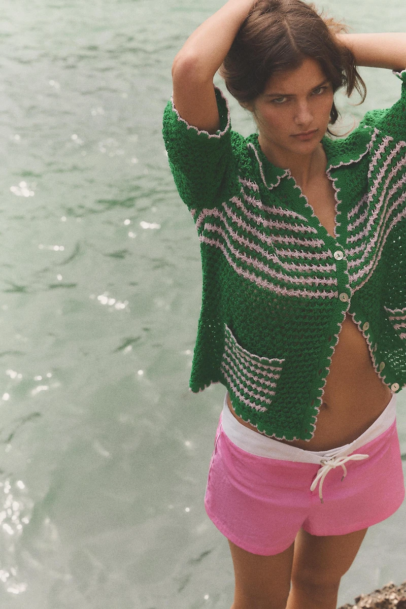 STRIPED OPEN KNIT POLO JACKET