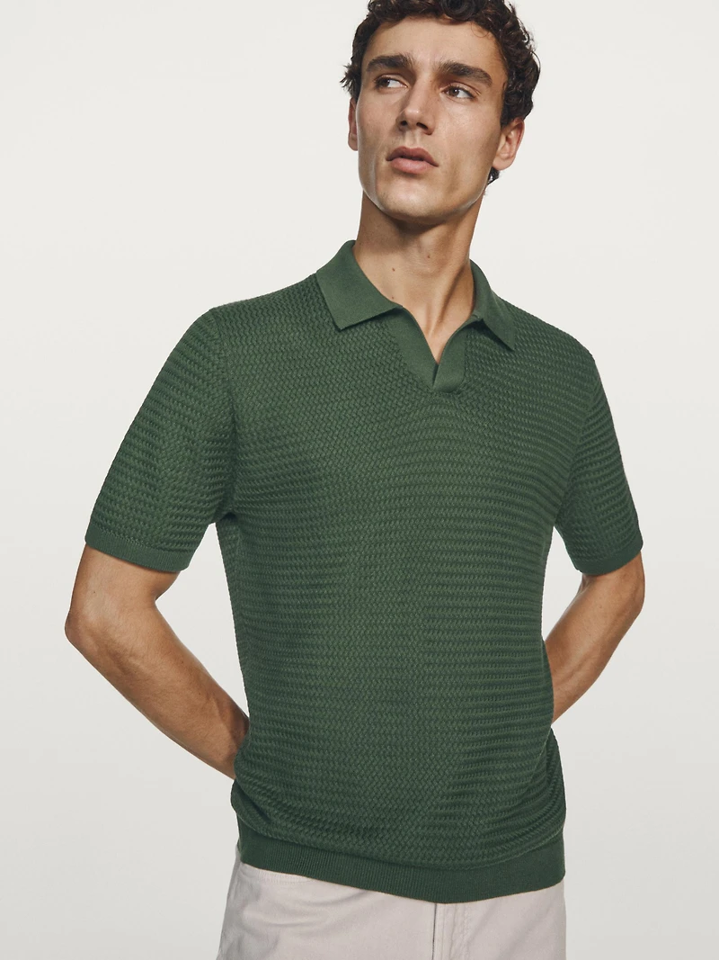 Short sleeve textured knit polo shirt