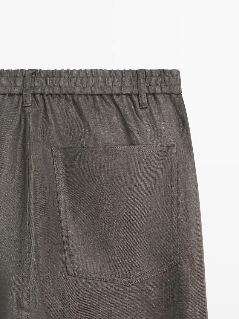Linen semi-jogger fit denim-effect trousers