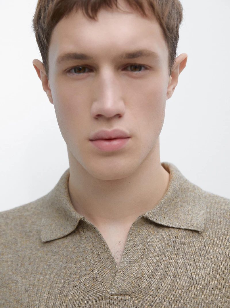 Cotton blend knit polo collar sweater