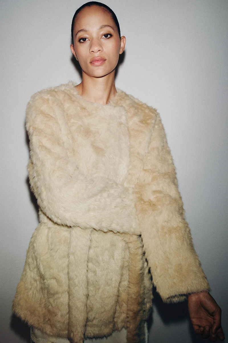 FAUX FUR BELTED JACKET ZW COLLECTION