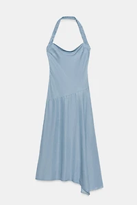 ASYMMETRIC TRF HALTER DENIM DRESS