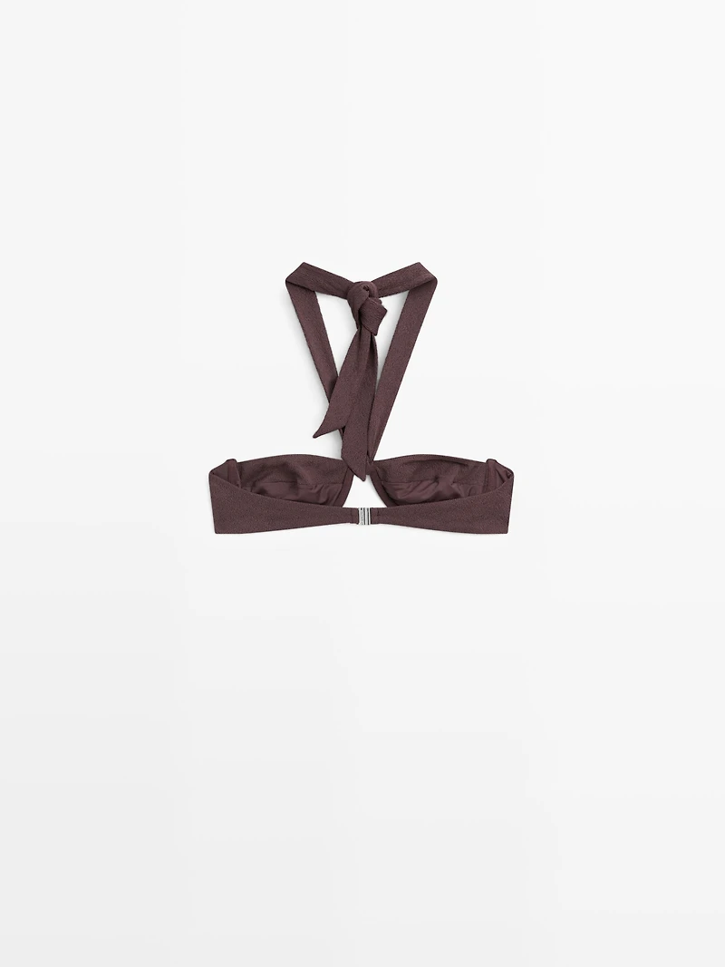 Textured bikini top with underwire and tied neck