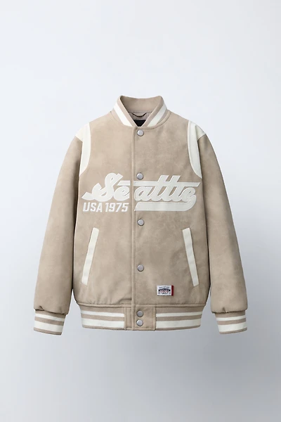 BLOUSON BOMBER EFFET DAIM AVEC INSCRIPTION