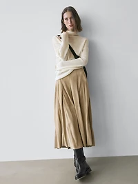 Long pleated suede leather skirt
