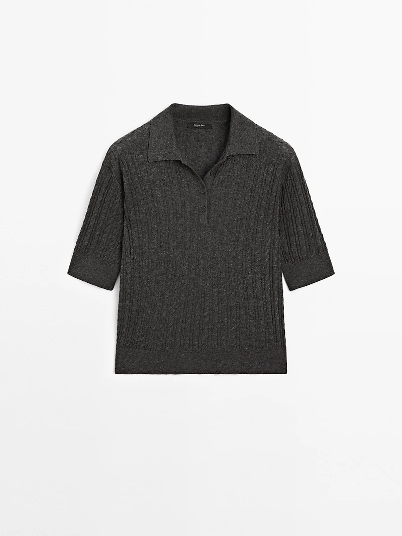 Wool blend cable-knit polo shirt