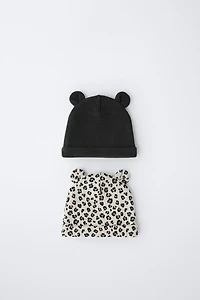 TWO-PACK OF WAFFLE KNIT EAR HATS WITH ANIMAL PRINT