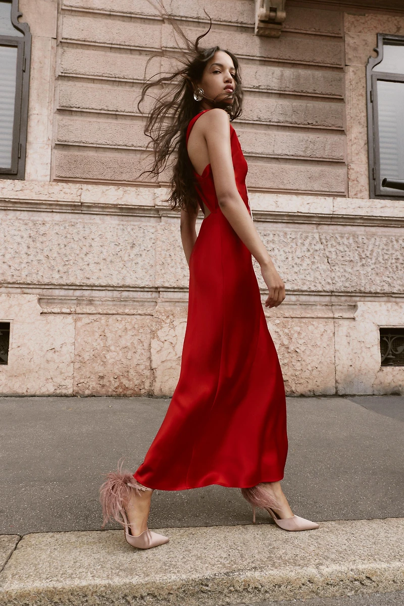 ASYMMETRIC SATIN MIDI DRESS