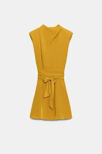 SHORT TIE DRESS WITH SHOULDER PADS