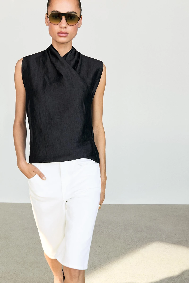 Linen blend sleeveless crossover top