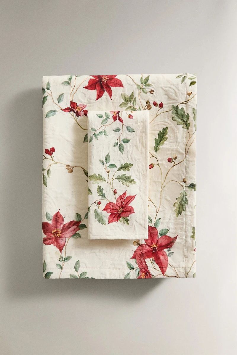 CHRISTMAS FLORAL JACQUARD COTTON TABLECLOTH