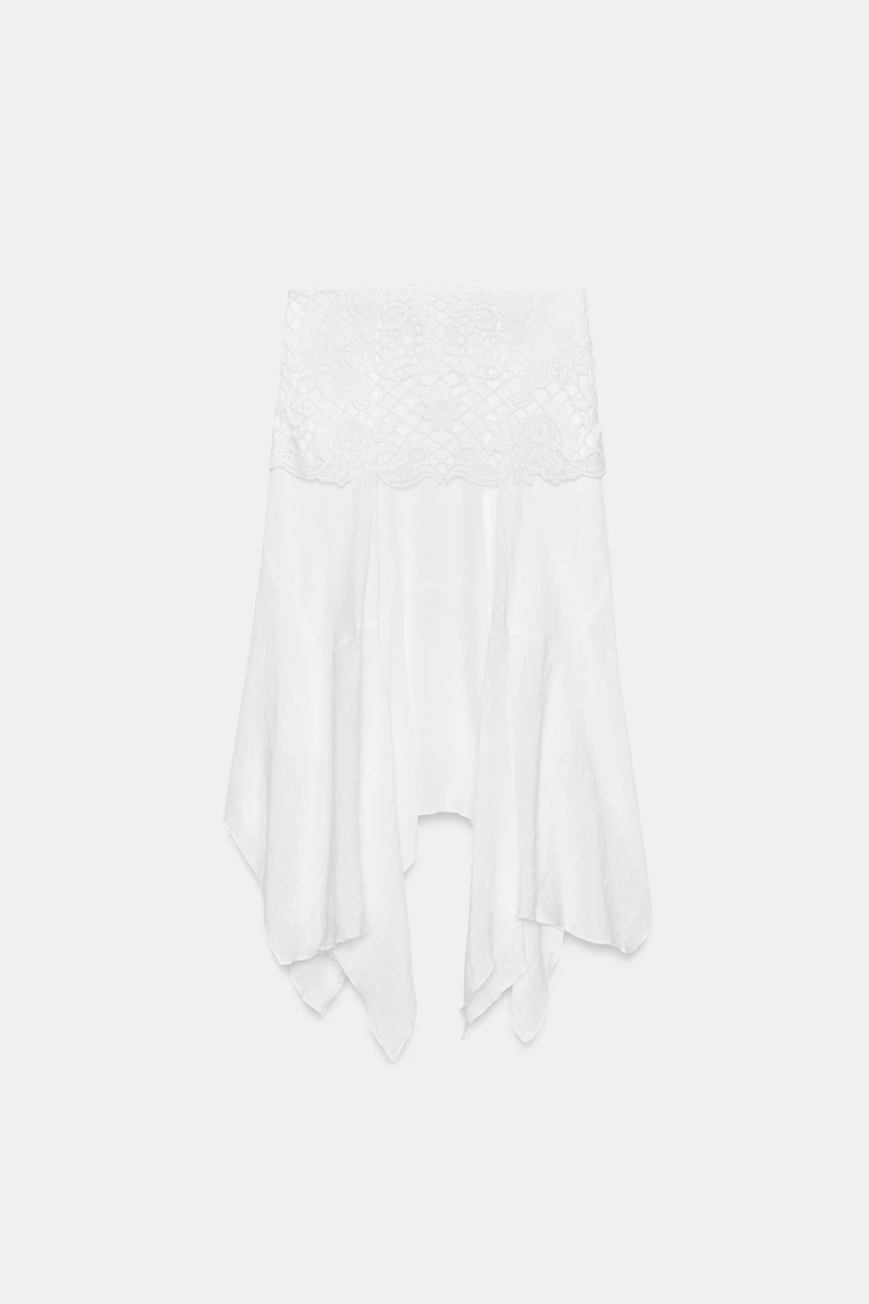 ASYMMETRIC EMBROIDERED MIDI SKIRT