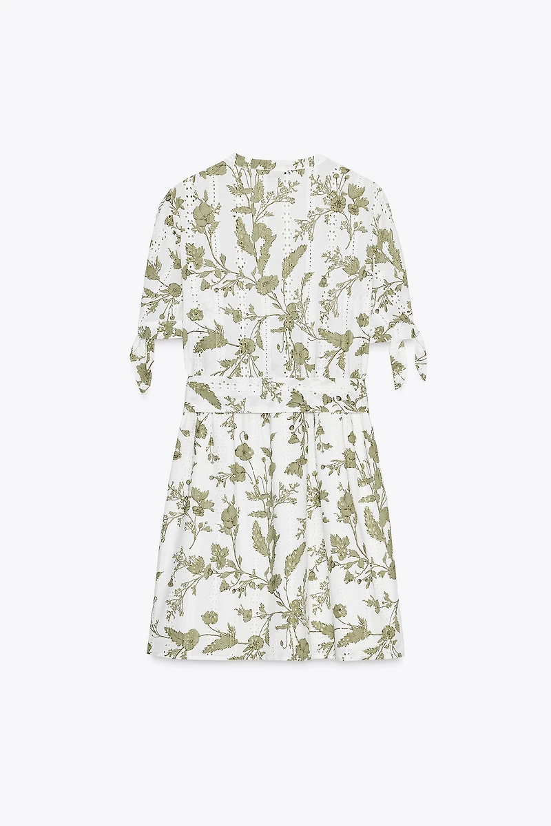 PRINTED MINI DRESS WITH OPENWORK EMBROIDERY