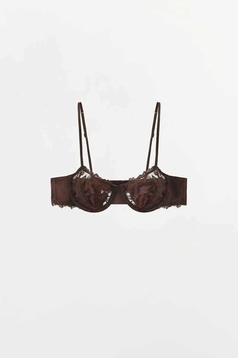 SATIN EFFECT EMBROIDERED LACE BRA
