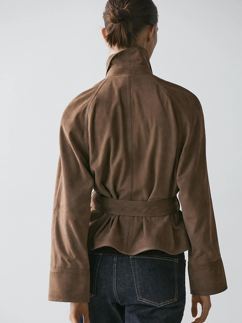 Suede leather jacket with belt