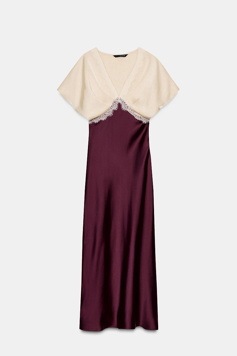 MIDI SATIN EFFECT LACE COMBINATION DRESS