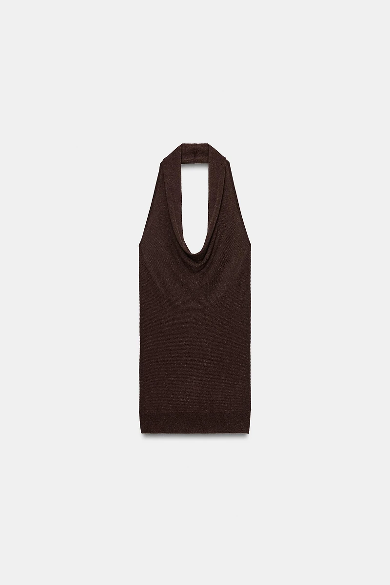 METALLIC THREAD RIB KNIT HALTER TOP