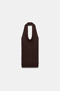 METALLIC THREAD RIB KNIT HALTER TOP