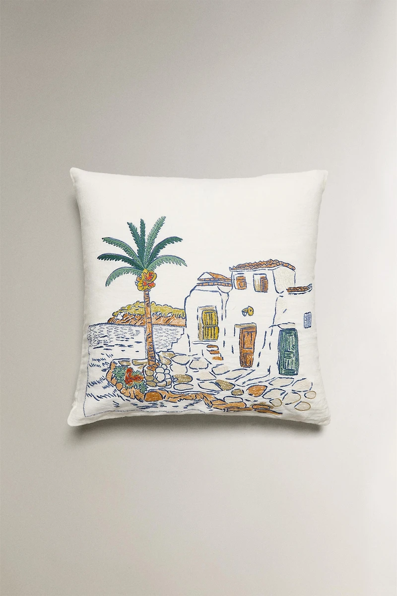 EMBROIDERED HOUSES THROW PILLOW COVER
