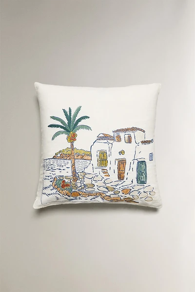 EMBROIDERED HOUSES THROW PILLOW COVER
