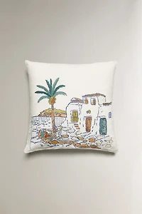 EMBROIDERED HOUSES THROW PILLOW COVER