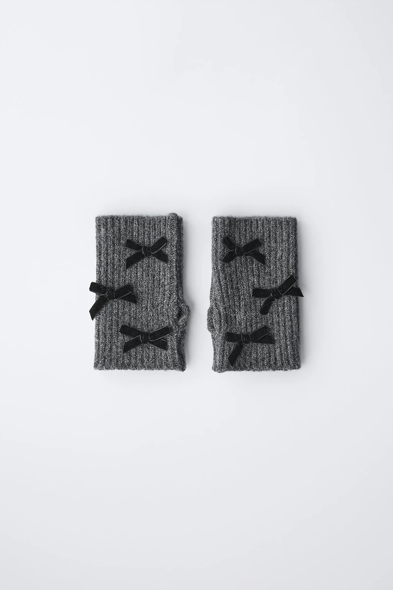 KNIT MITTEN GLOVES WITH VELVET BOWS