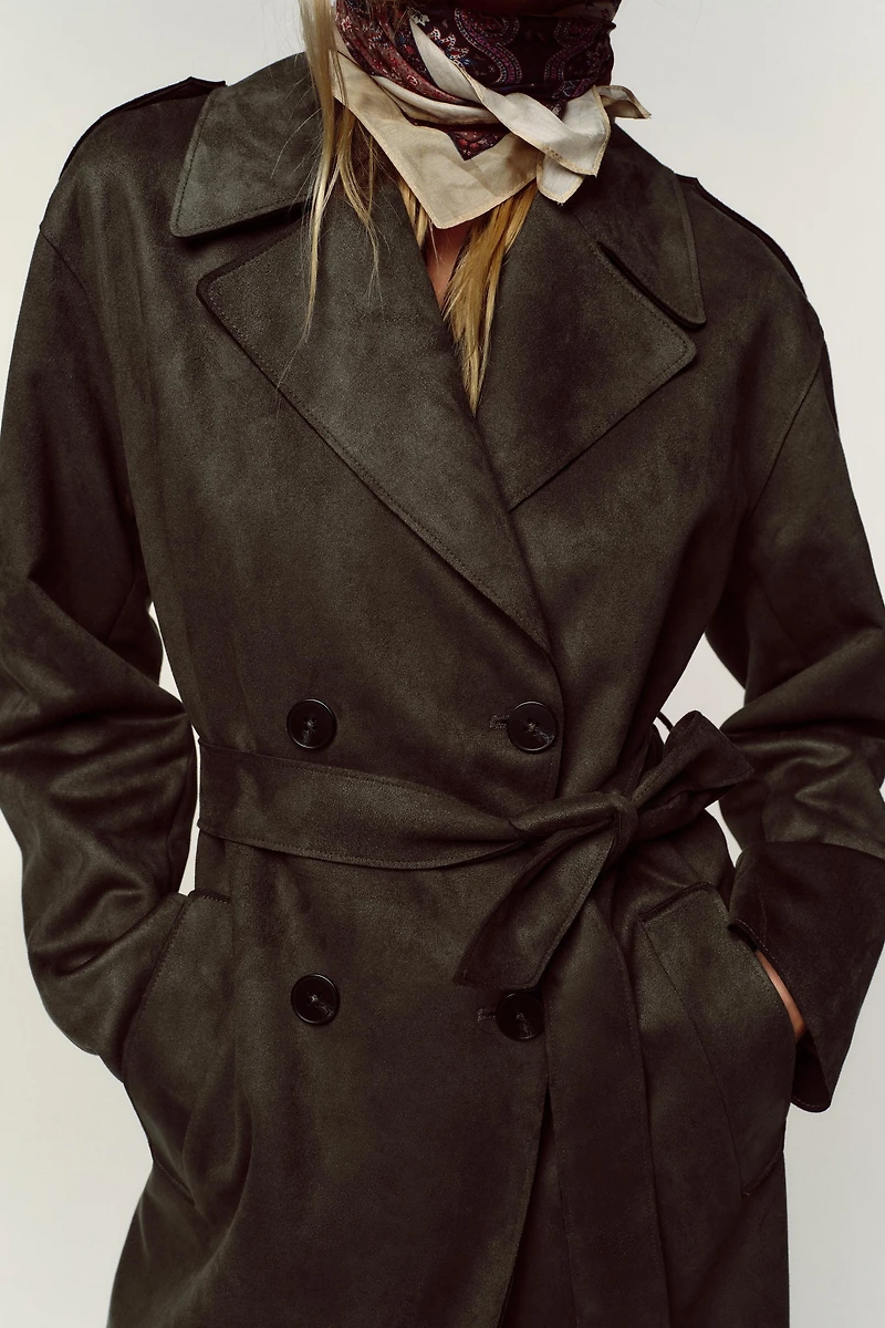 LONG FAUX SUEDE TRENCH COAT