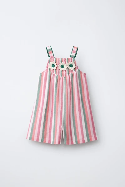 STRIPED CROCHET FLORAL SHORT JUMPSUIT