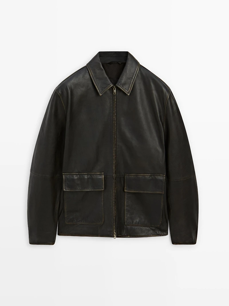 Distressed effect short nappa leather jacket
